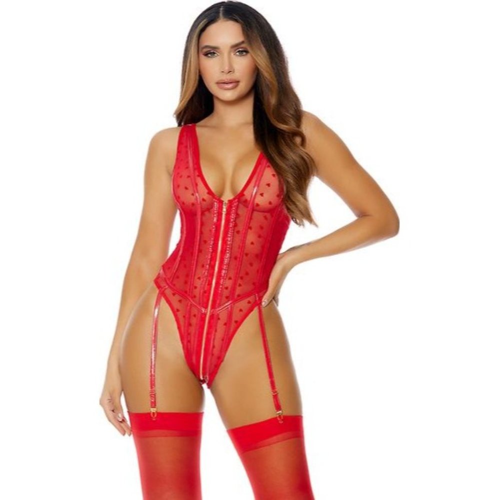 Zipfront mesh teddy with flocked heart detail and garter straps New‎ $49
